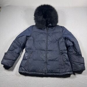 Calvin Klein Puffer Jacket Women XL Navy Blue Faux Fur Hood Duck Down‎ Fill